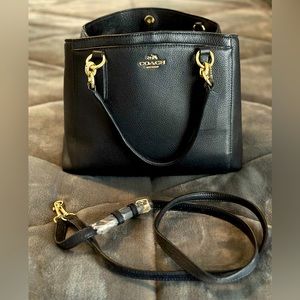 Authentic dark navy blue Coach purse w/long detachable strap. Gold hardware.